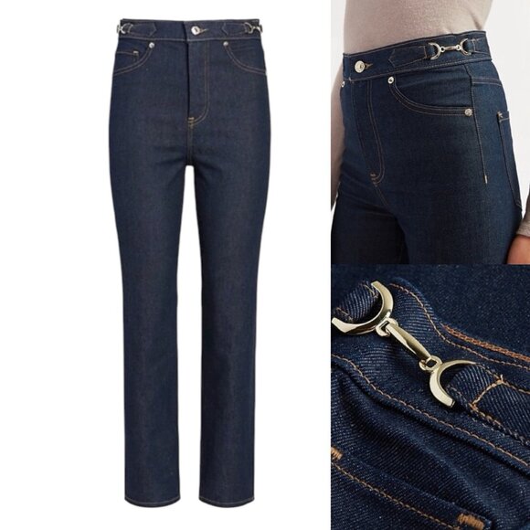 Express Super High Rise Mom Jeans Size 6 Side Tab Buckle Horsebit Dark Wash 5792 - Picture 1 of 11